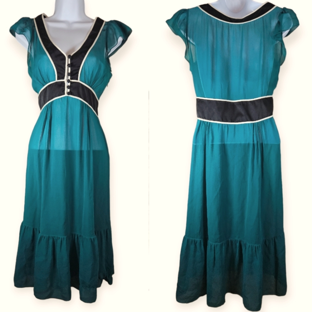 Tufi Duek teal blue green sheer silk dress Womens Small